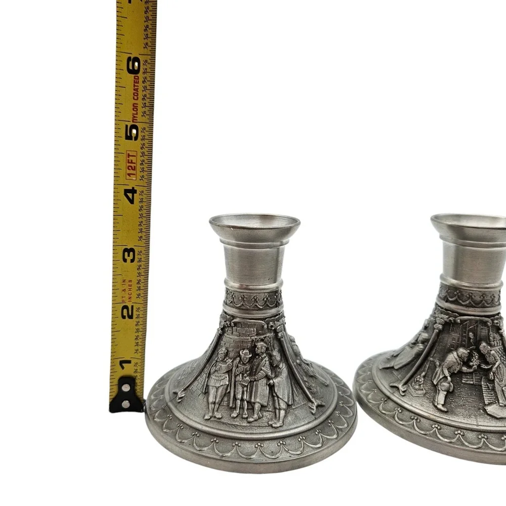 2 German Carved Courting Scenes Zinn 95% Pewter Tin Candlestick Holders Pair